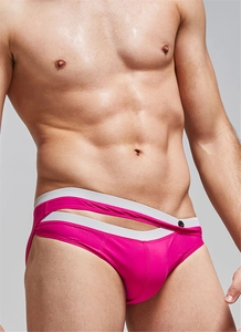 Men's pink swim briefs featuring a unique white double-layer crossover waistband detail