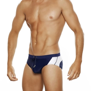Men's dark blue swim briefs with white contrast side panels and adjustable drawstring