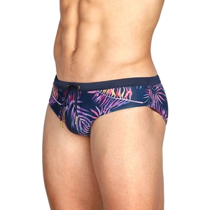Men's navy swim briefs with colorful tropical leaf prints and adjustable drawstrings