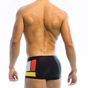 Rear view of men's swimming trunks featuring Mondrian-inspired geometric color block design