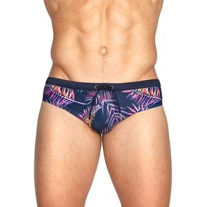 Men's sexy swim briefs with tropical palm leaf print and drawstring waist on white background