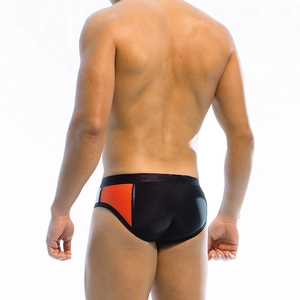 Rear view of men's sexy low-rise swim briefs with orange and silver grey color blocking