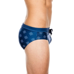 Men's navy blue swim briefs with geometric print and side drawstring tie closure
