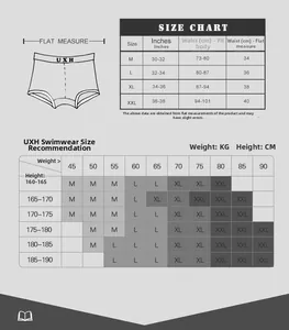 Detailed size guide for men's swim trunks covering M to XXL with waist and height measurements