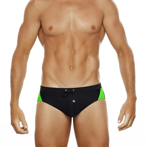 Detail of men's swim briefs with neon green side panels and adjustable drawstring waist