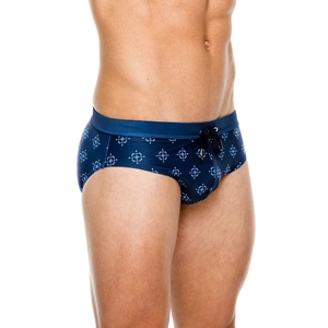 Men's navy blue swimming briefs with white geometric pattern and adjustable drawstring