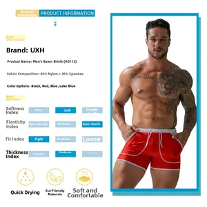 Detail of quick-dry nylon swim trunks showing elastic waistband and contrast trim texture