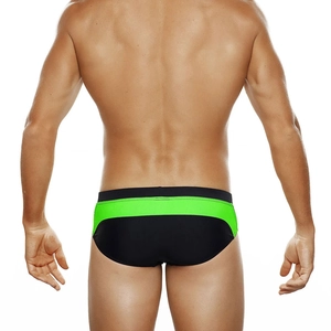 Detail showing the back view of men's athletic swim trunks with black and green contrast