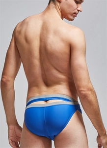 Rear view of men's bright blue swim briefs featuring modern grey cutout double waistband
