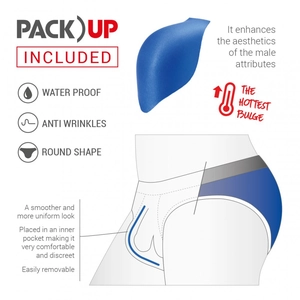 Detail showing waterproof and anti-wrinkle blue sponge cup padding for men swimwear