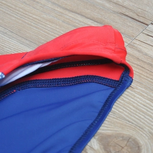 Detailed macro view of men's swimming briefs featuring red and blue contrast stitching