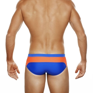 Detailed back view of men's quick-dry swim briefs in royal blue and orange color block