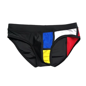 Men's sexy patchwork swim briefs with colorful geometric Mondrian art style blocks