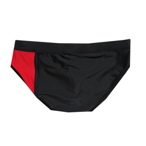 Detail of men's black swim briefs featuring red side splicing and elastic drawstring waist