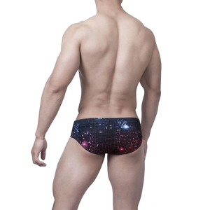 Men's low rise swim briefs with colorful digital pixel print shown from a back view