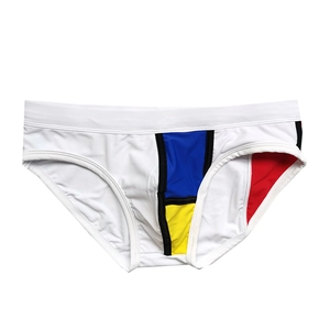 Detail view of men's swim briefs with artistic geometric color block panels on white fabric