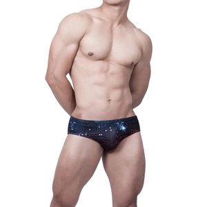 Men's low-rise swim briefs with digital pixel print and ergonomic 3D pouch design