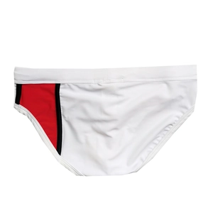 Detail of white men's swim briefs with red patchwork and black stripe on smooth fabric