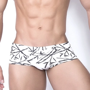 Maillot de bain pour hommes avec imprimé bambou à l'encre noire sur tissu blanc