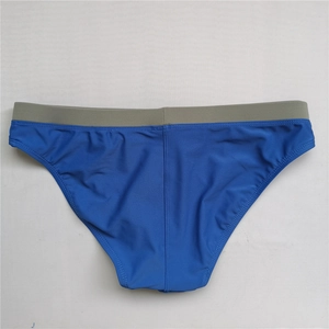 Detail view of men's blue swimming briefs showing elastic grey waistband and stitching