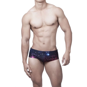 Men's low waist square leg swim trunks with blue and purple disco light pixel print
