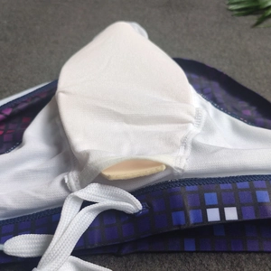Close-up of swim briefs featuring mesh lining, removable protective cup, and drawstring
