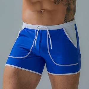 Detailed front view of men's quick-dry swim trunks featuring blue and white contrast panels