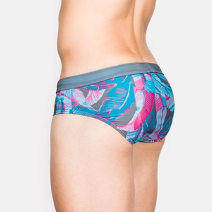 Slip da bagno da uomo con stampa a foglie tropicali e fascia elastica grigia