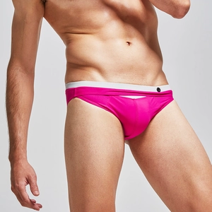 Men's pink fashion swim briefs with wide white waistband and decorative side button detail