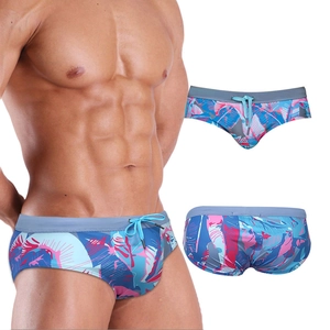 Slip da nuoto da uomo con stampa tropicale di palme, coulisse e fascia elastica