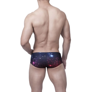 Men's low waist square-cut swim trunks with colorful pixel pattern and elastic fabric