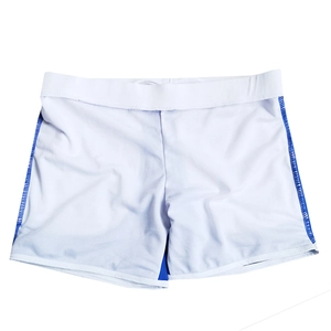 Detailed stitching of quick-dry swim trunks with contrast blue piping and elastic waist
