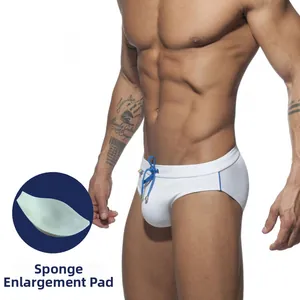 Men's white swim trunks with blue drawstring and removable push-up sponge padding
