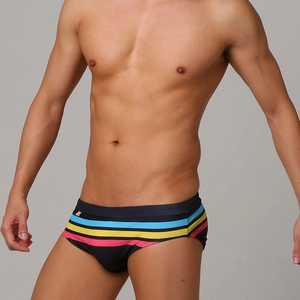 Detailed close-up of men's swim briefs featuring vibrant multicolor side stripes and logo