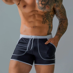 Men Swim Trunks Quick Dry Nylon Spandex Contrast Color Drawstring Pocket Beach Shorts Sporty Slim Fit Water Sport Trunks