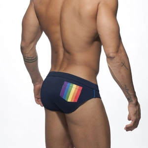 Men's dark blue swimwear with rainbow stripe pocket detail and athletic slim fit