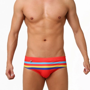 Men's bright red quick-dry swim briefs with fashion rainbow stripes and low-rise fit