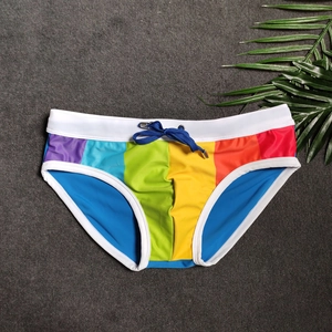 Men's sexy rainbow striped swim briefs with elastic waistband and adjustable drawstrings