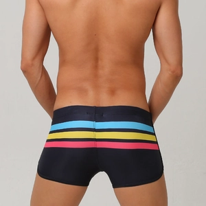Men's athletic split swim trunks in black featuring side tri-color striped detail