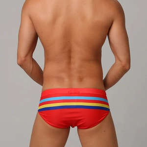 Rear view of red men's swim briefs featuring colorful horizontal stripes and quick-dry fabric