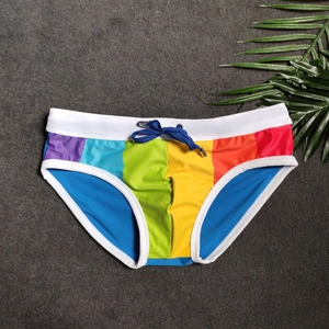 Men's sexy rainbow striped swim briefs with comfortable cup and contrast white trim