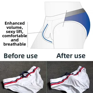 Detail showing the enhancing 3D pouch design of male swimwear with red and blue stripes
