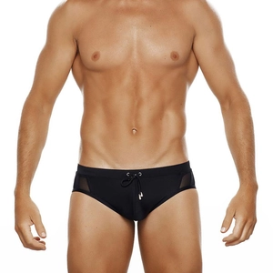 Men's black swim briefs with mesh side panels and adjustable drawstring waist