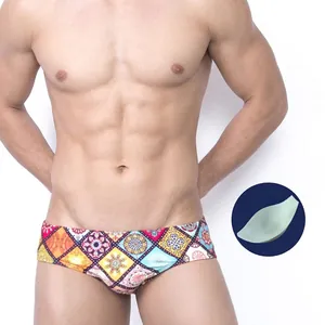 Men's Retro Ethnic Turkish Print Swim Briefs With Push Up Sponge Pad Summer Bohemian Quick Dry Nylon Swimwear For Men