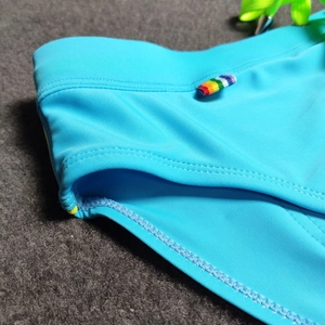 Detailed view of men's blue swim trunks showing side rainbow tag and elastic flat seams
