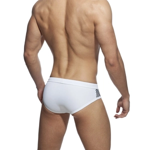 Men's white triangle swim bikini with modern black geometric pattern on side back view