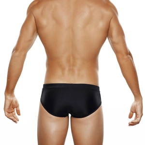 Men's black swim bikini briefs with mesh splicing and a snug fit shown from back view