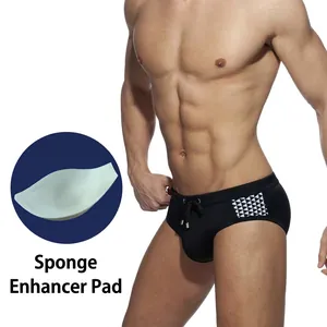Men's black swim briefs with checkered print and removable sponge pad enhancement