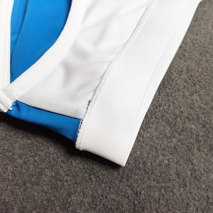 Detailed close-up of blue and white color-block swim briefs with breathable mesh lining