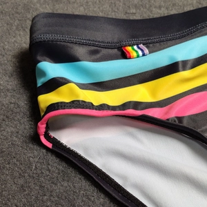 Detail of colorful striped swim briefs featuring rainbow woven label and flatlock stitching